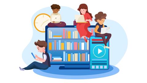 Einfach nachschlagen! Illustration: Kinder sitzen auf übergroßen Büchern und Tablet und lesen im Buch und im Internetd