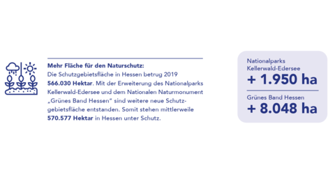 Grafik: Mehr Fläche für den Naturschutz. Der Nationalpark Kellerwald-Edersee und das "Grüne Band Hessen" wurden um 1.950 ha bzw. 8.048 ha Fläche erweiter.