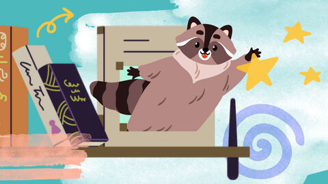 Hier kannst du Begriffe nachschlagen Ein Waschbär sitzt in einem Bücherregal und winkt fröhlich