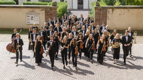 Das Landesjugendsinfonieorchester Landesjugendsinfonieorchester gemeinsam auf einem Bild mit ihren Instrumenten
