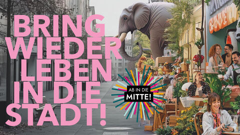 Wettbewerb Ab in die Mitte  Ein zweigeteiltes Bild, links eine graue Stadt ohne Leben, rechts eine ganz bunte Stadt mit vielen Personen und exotischen Tieren wie einem Flamingo. Darauf der Schriftzug "Bring wieder Leben in die Stadt"