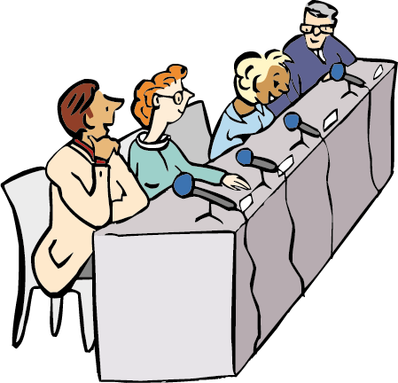 Podium Vorne sitzen ein paar Menschen. Sie sprechen miteinander und beantworten Fragen.